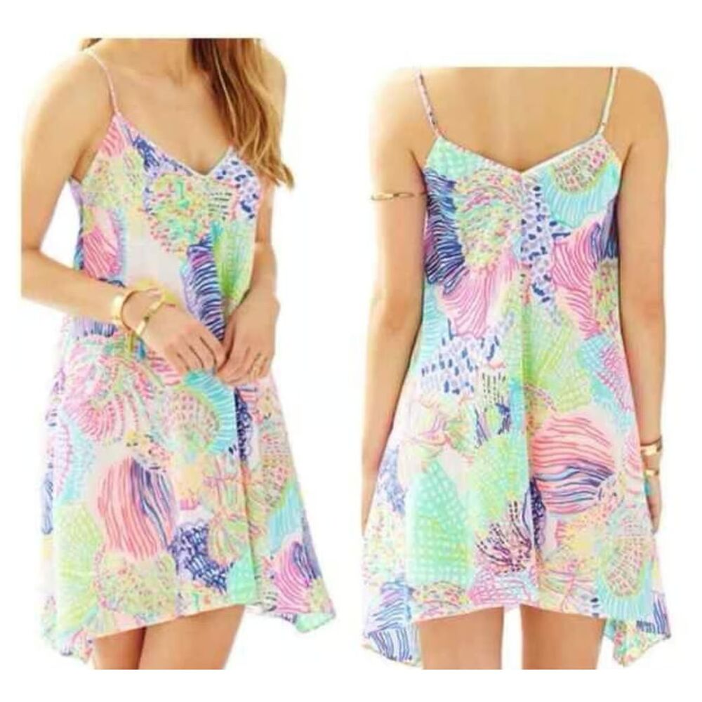 Lilly Pulitzer XXS Clara 100% Silk V-Neck Trapeze Slip Mini Dress Coastal Beach